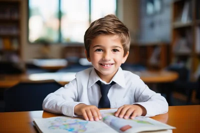 Young Boy Studying At A Library Desk
