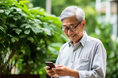 Senior Asian Man Using Smartphone Outdoors