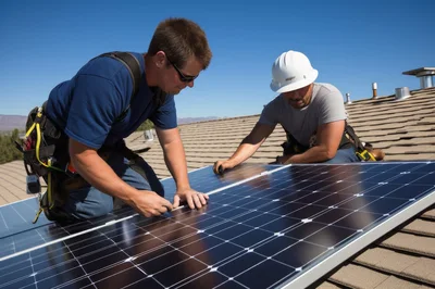 Solar Panel Installation Technicians Working On Residential Roof