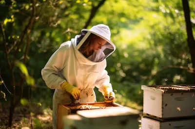 Beekeeper Inspecting Honeycomb Frames In A Forest Apiary