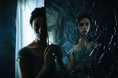 Woman Holding A Shattered Mirror In A Dark Room
