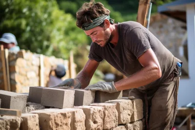 Construction Worker Laying Concrete Blocks On A Wall
