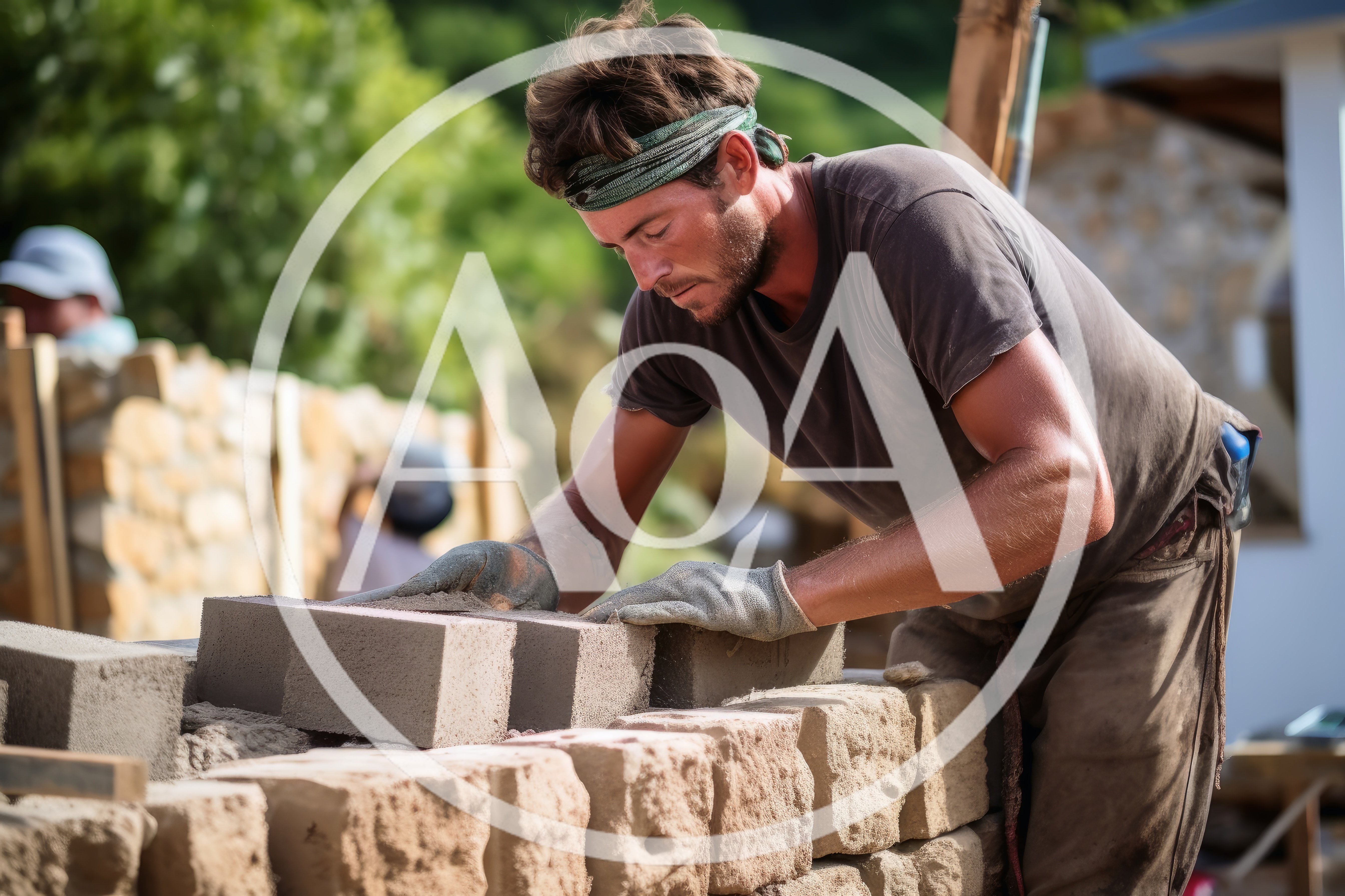 Construction Worker Laying Concrete Blocks On A Wall