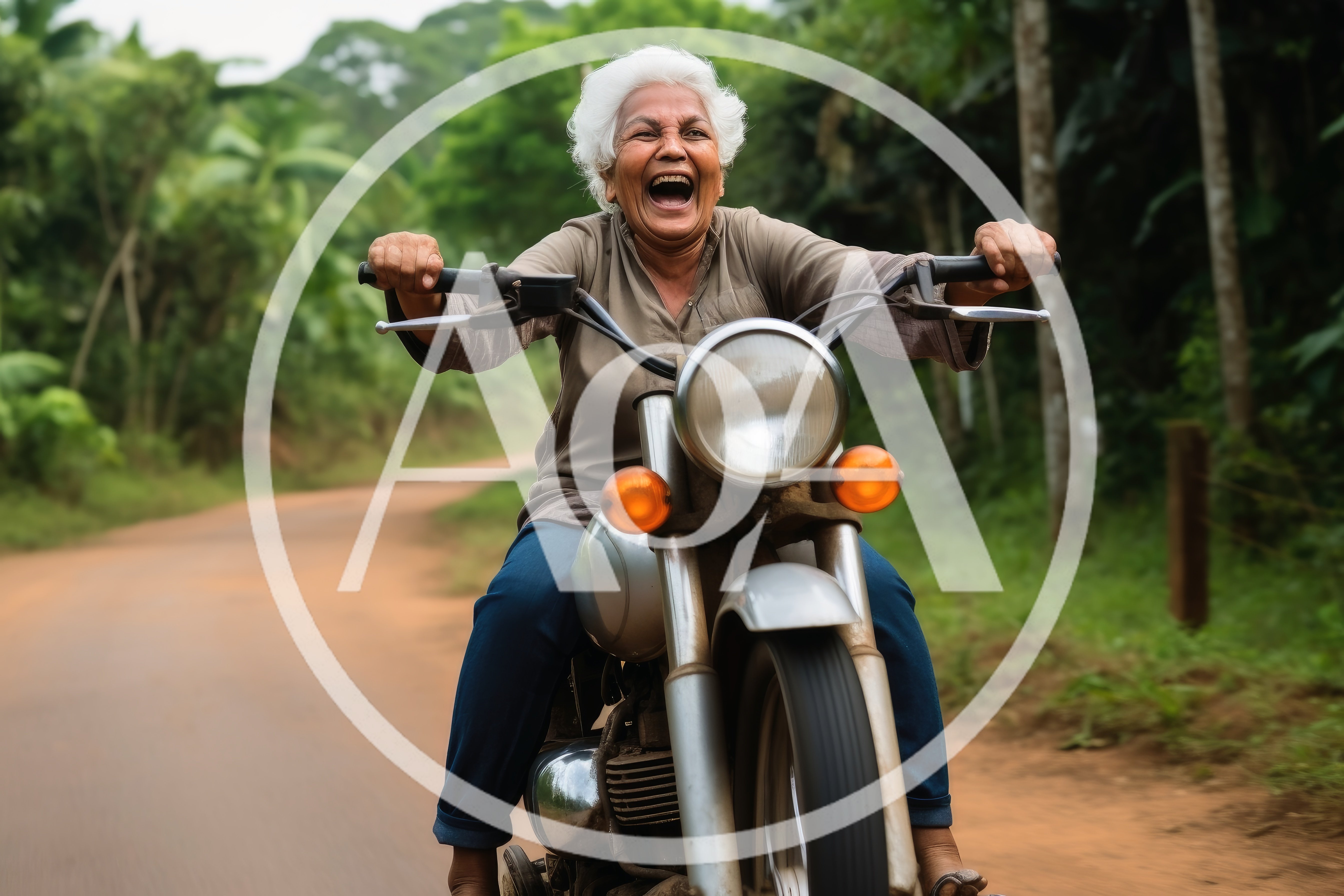 Joyful Elderly Woman Riding A Motorcycle On Rural Road