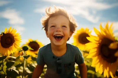 Happy Young Boy Laughing in a Sunflower Field