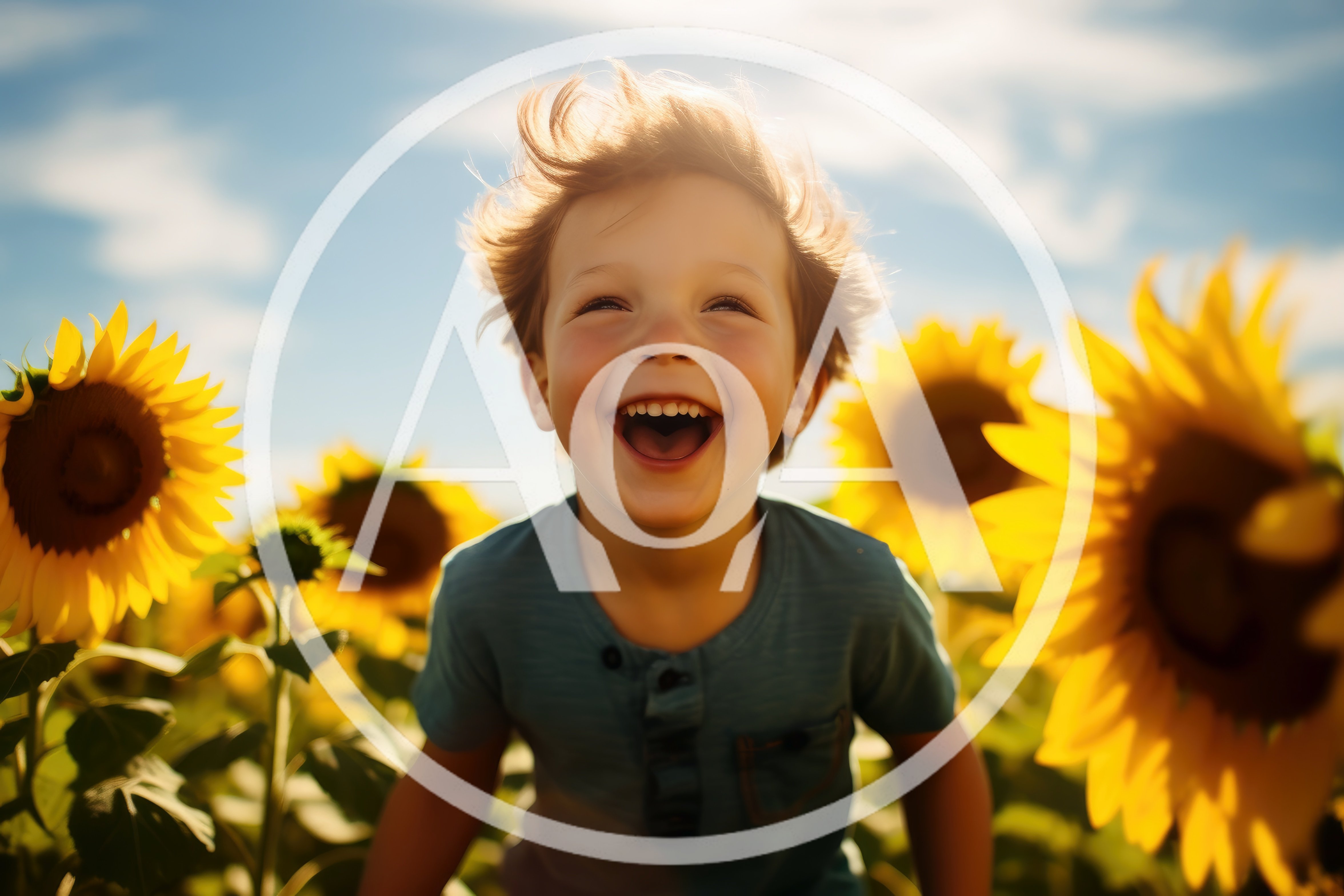 Happy Young Boy Laughing in a Sunflower Field