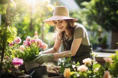 Young Woman Gardening With Potted Flowers In Sunlight