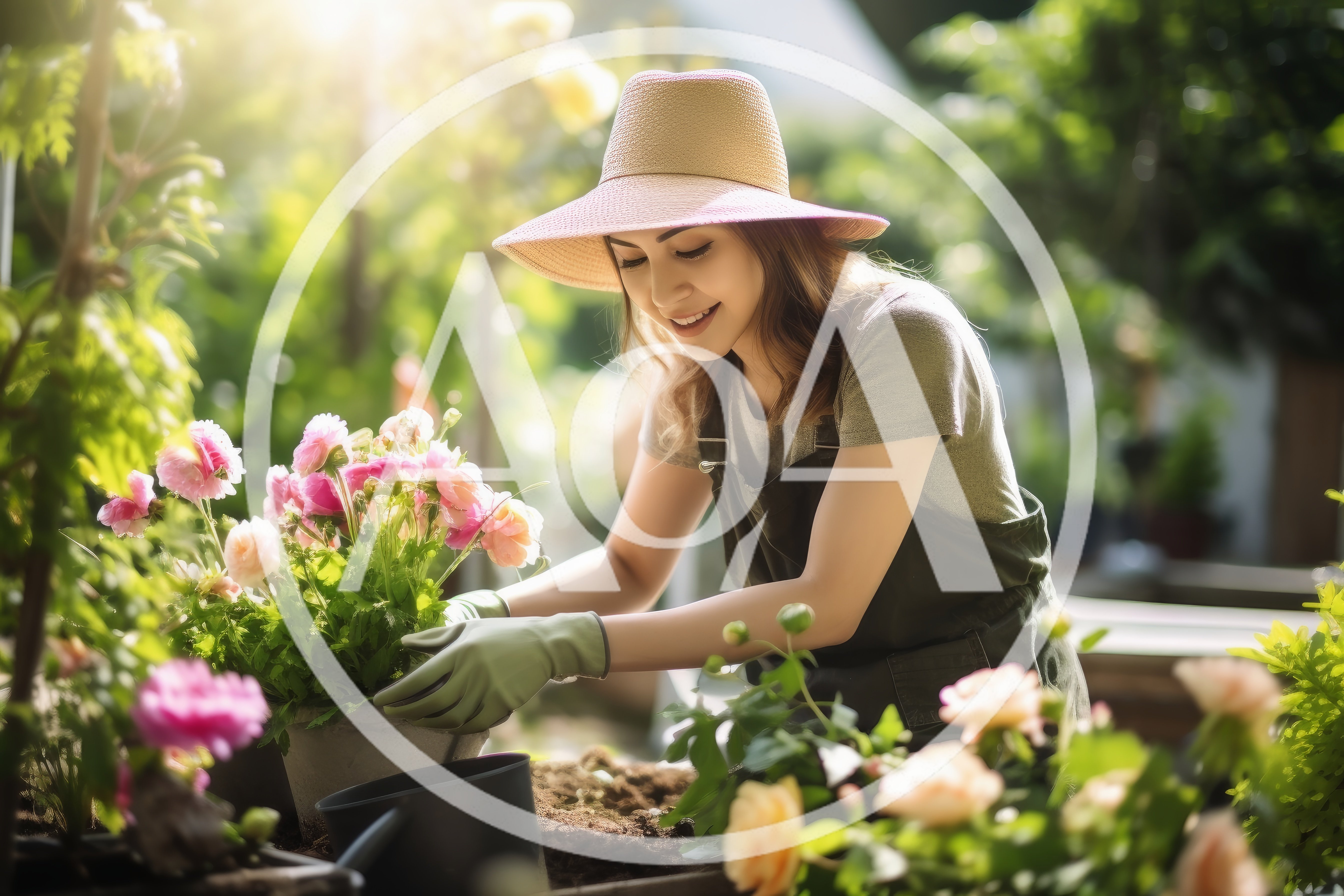 Young Woman Gardening With Potted Flowers In Sunlight