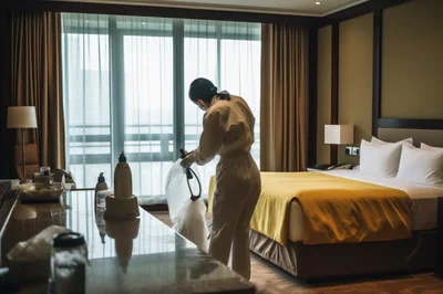 Hotel Housekeeper Cleaning Room in Protective Gear