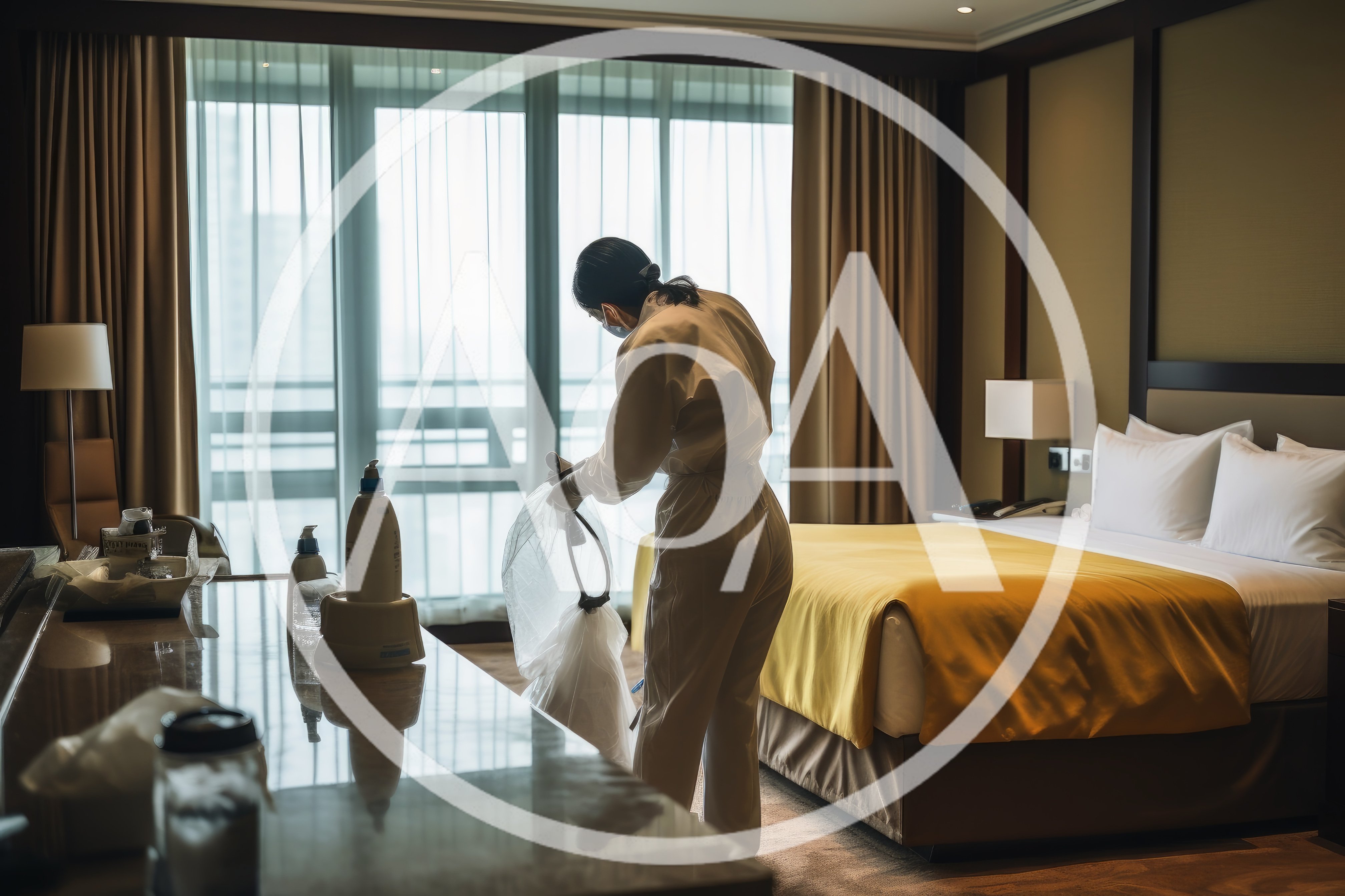 Hotel Housekeeper Cleaning Room in Protective Gear
