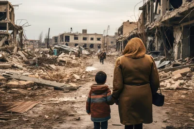 Mother And Child Walking Through War Torn City Ruins
