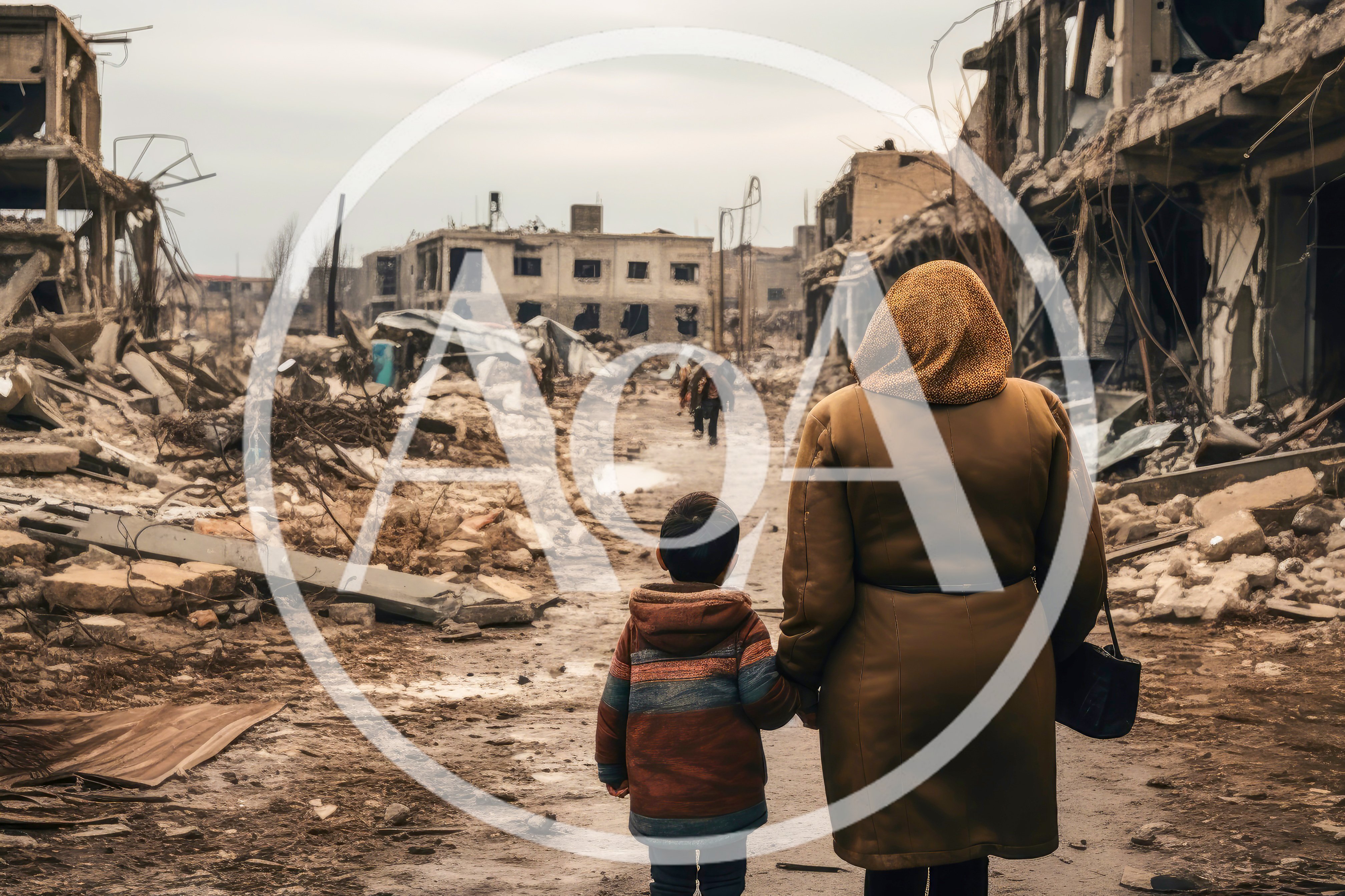 Mother And Child Walking Through War Torn City Ruins