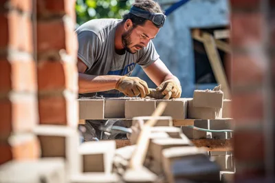 Construction Worker Laying Concrete Blocks On Site