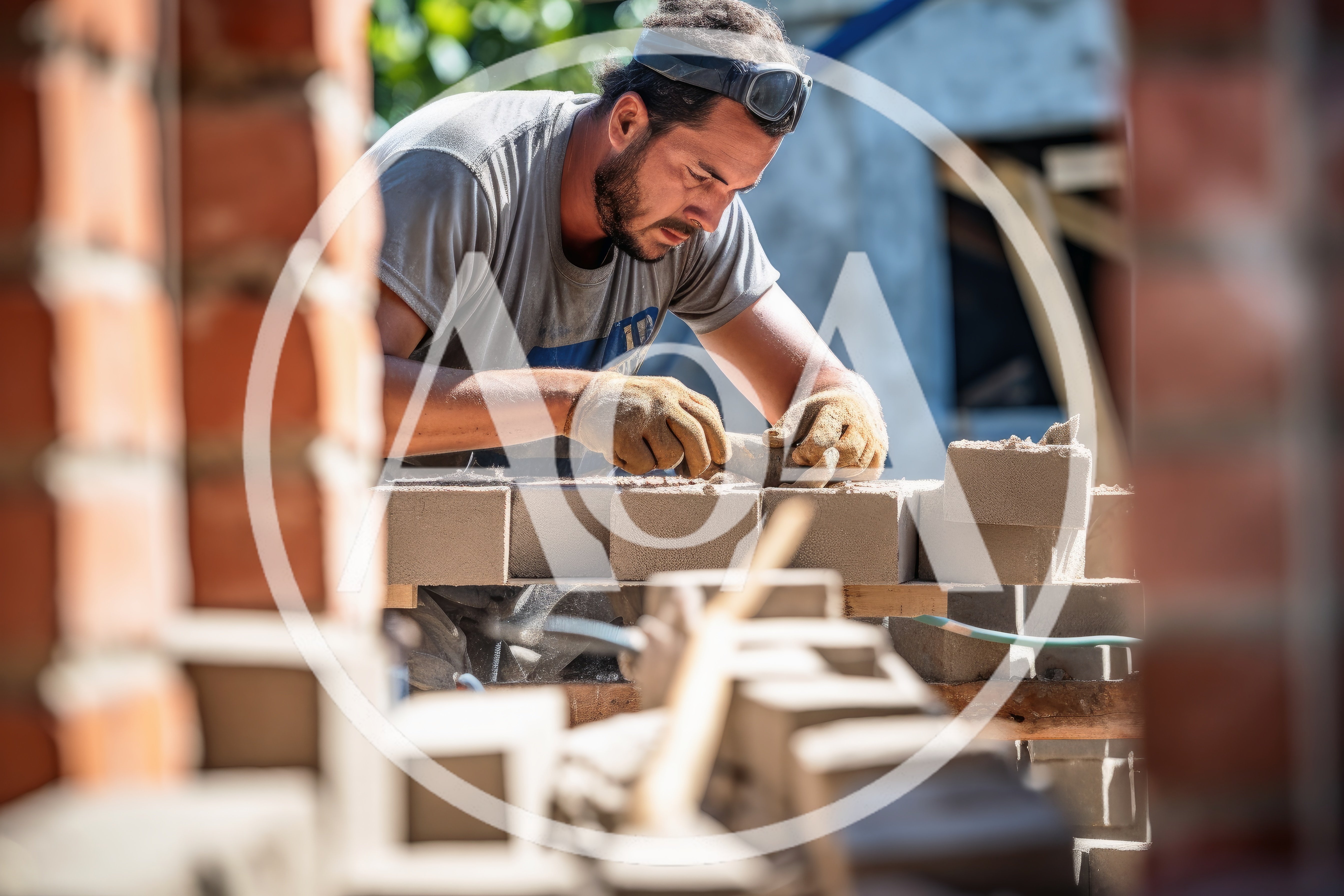 Construction Worker Laying Concrete Blocks On Site