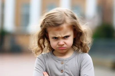 Portrait Of A Grumpy Little Girl With Crossed Arms
