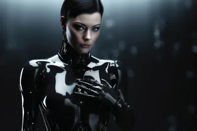 Futuristic Female Android With Glossy Black Metallic Skin