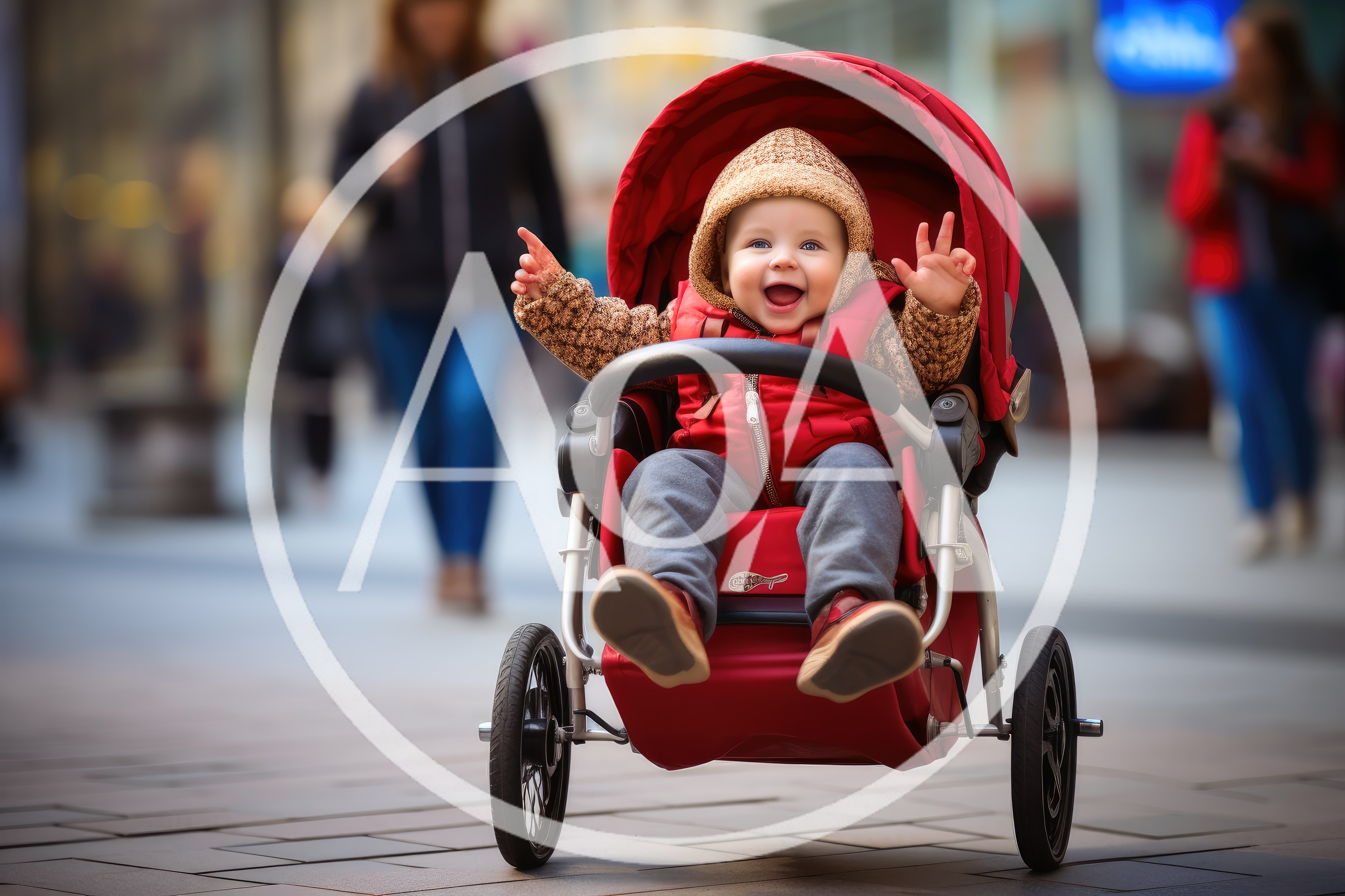 Happy Toddler Sitting In A Red Stroller