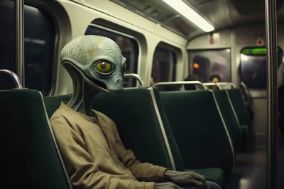 Alien Passenger Sitting Alone on a Subway Train