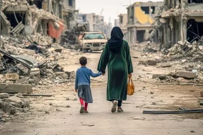 Woman And Child Walking Through War Torn City Ruins