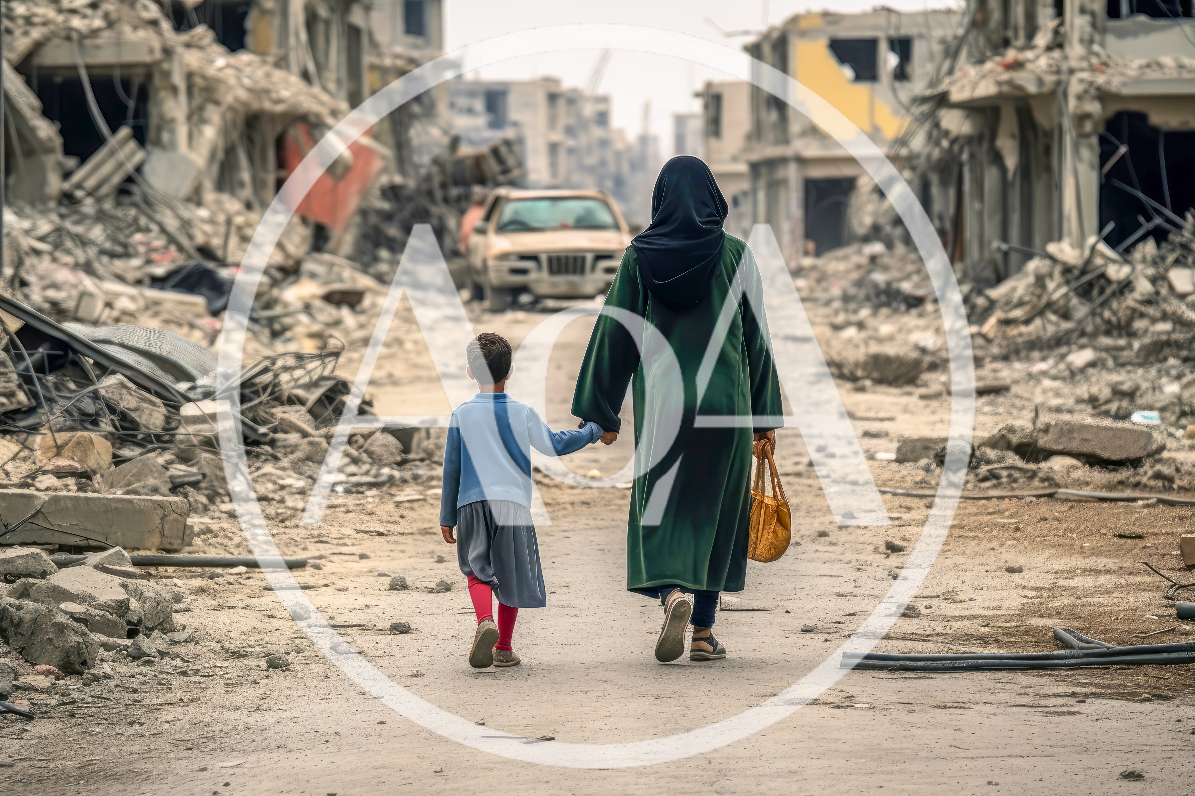 Woman And Child Walking Through War Torn City Ruins