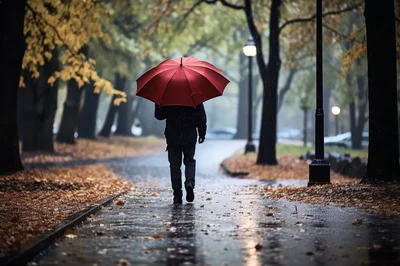Person Walking With Red Umbrella In Rainy Autumn Park