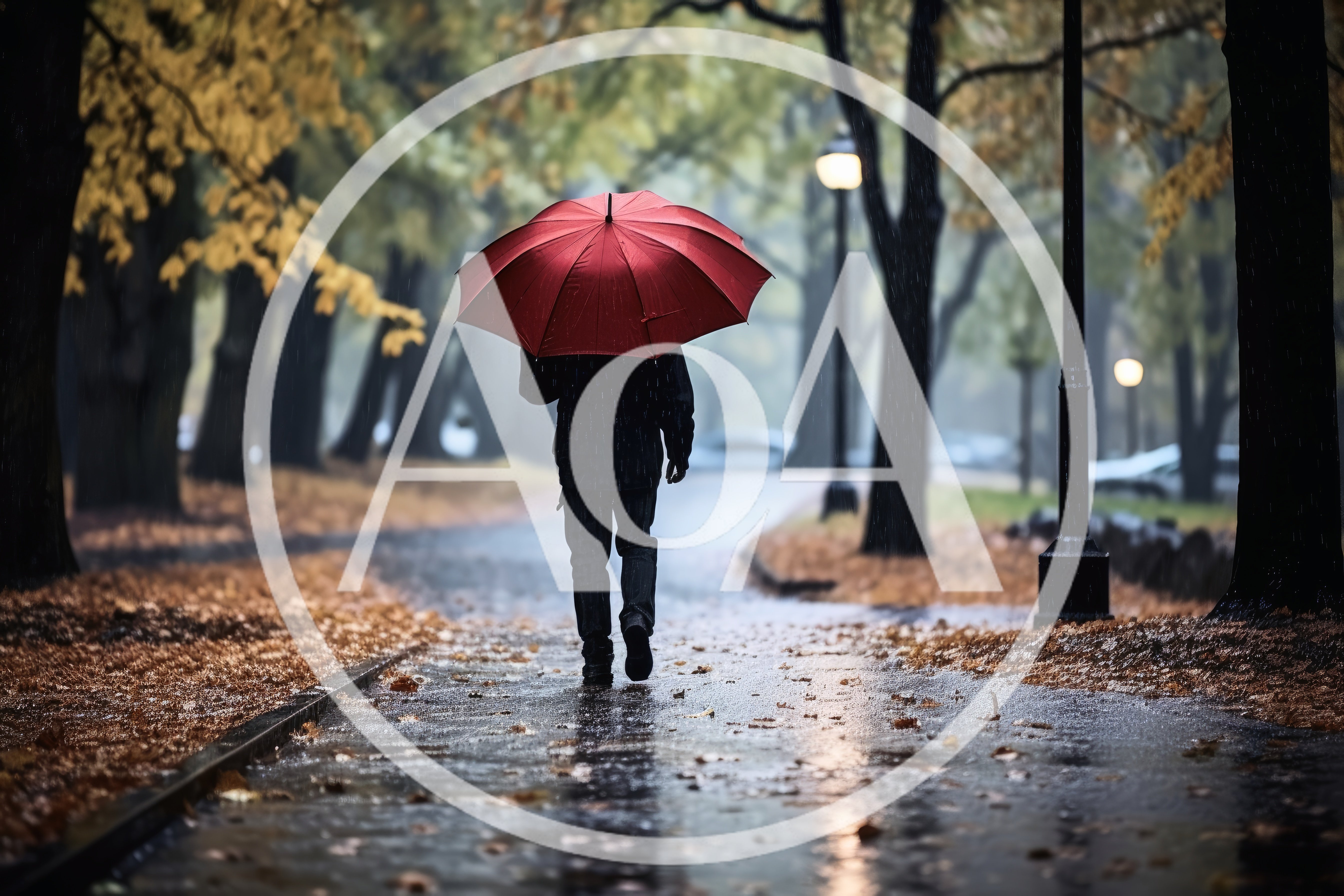 Person Walking With Red Umbrella In Rainy Autumn Park