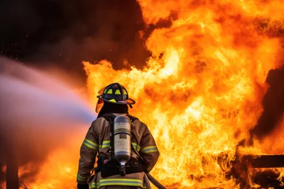 Firefighter Battling A Large Intense Building Fire
