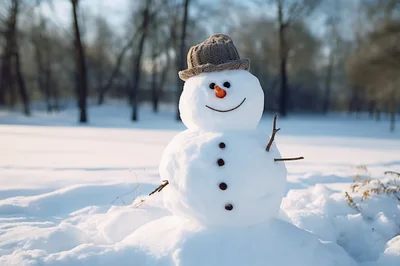Cheerful Snowman Wearing A Hat In A Snowy Park