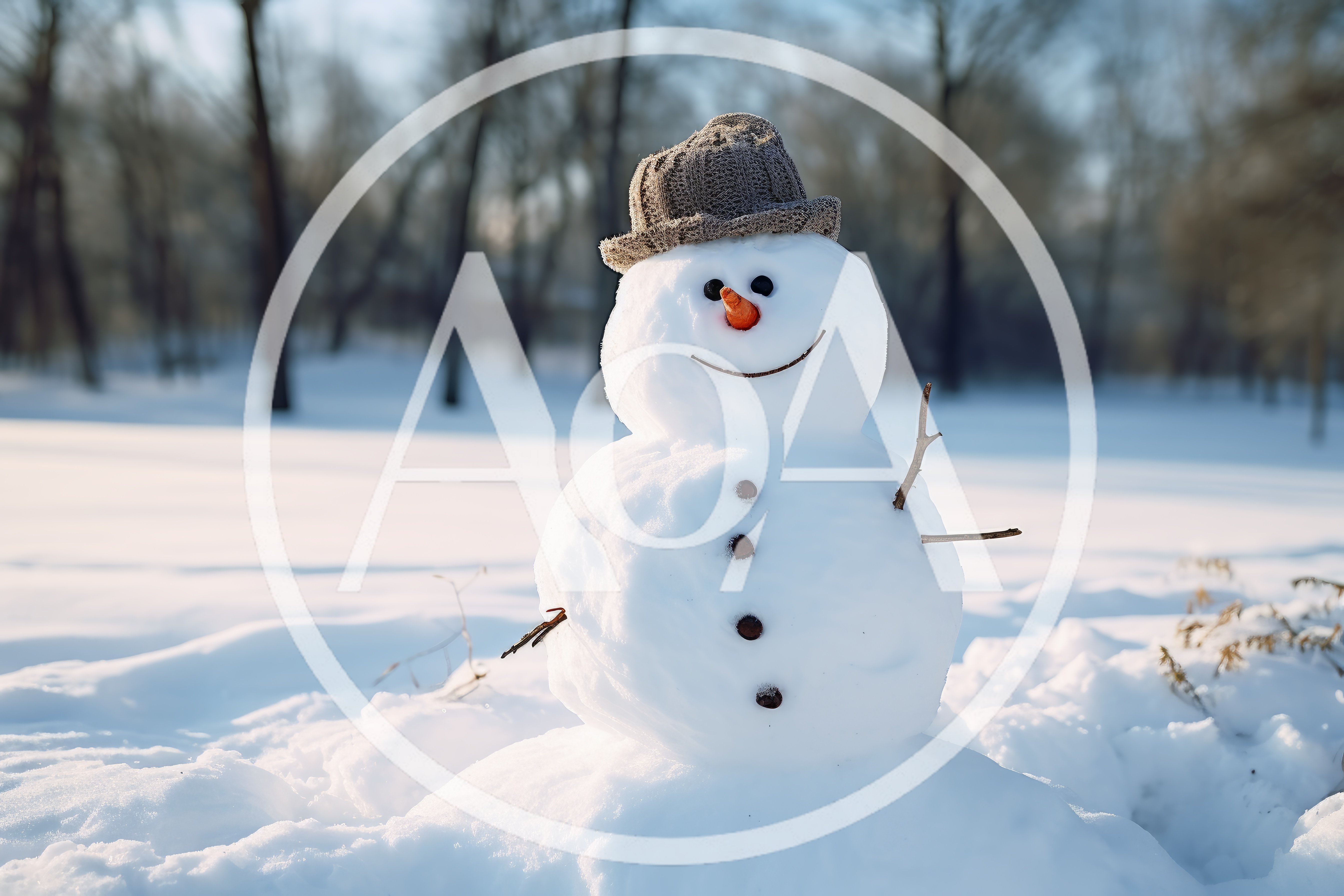 Cheerful Snowman Wearing A Hat In A Snowy Park