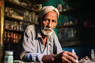 Elderly Shopkeeper Working In A Traditional Apothecary