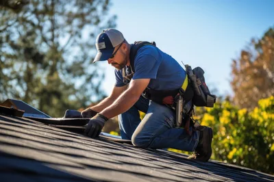 Professional Roofer Installing Asphalt Shingles On Residential Roof