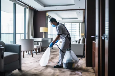 Professional Cleaner Sanitizing Hotel Room Carpet