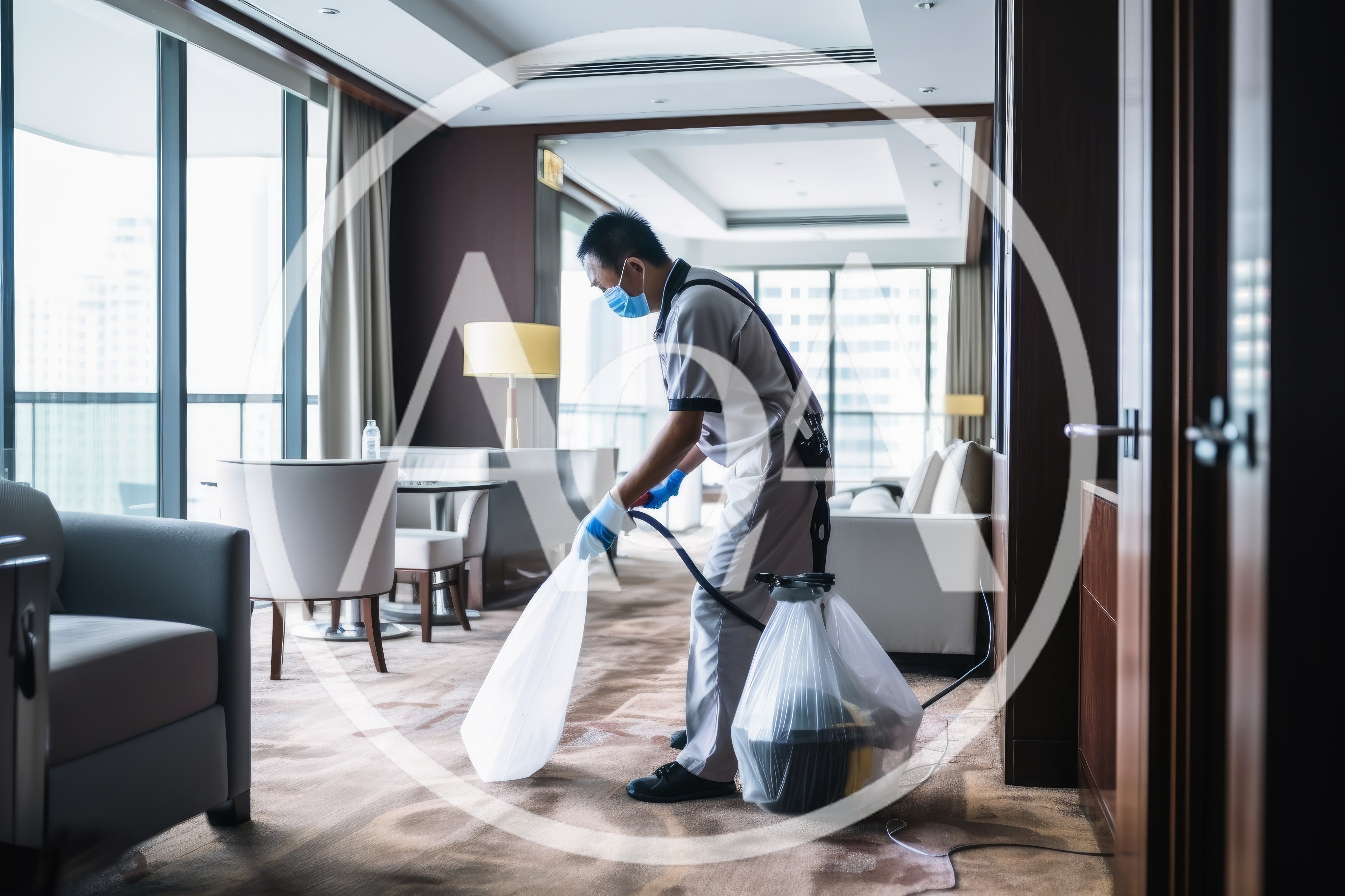 Professional Cleaner Sanitizing Hotel Room Carpet