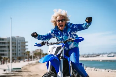 Excited Elderly Woman Riding A Blue Motocross Bike