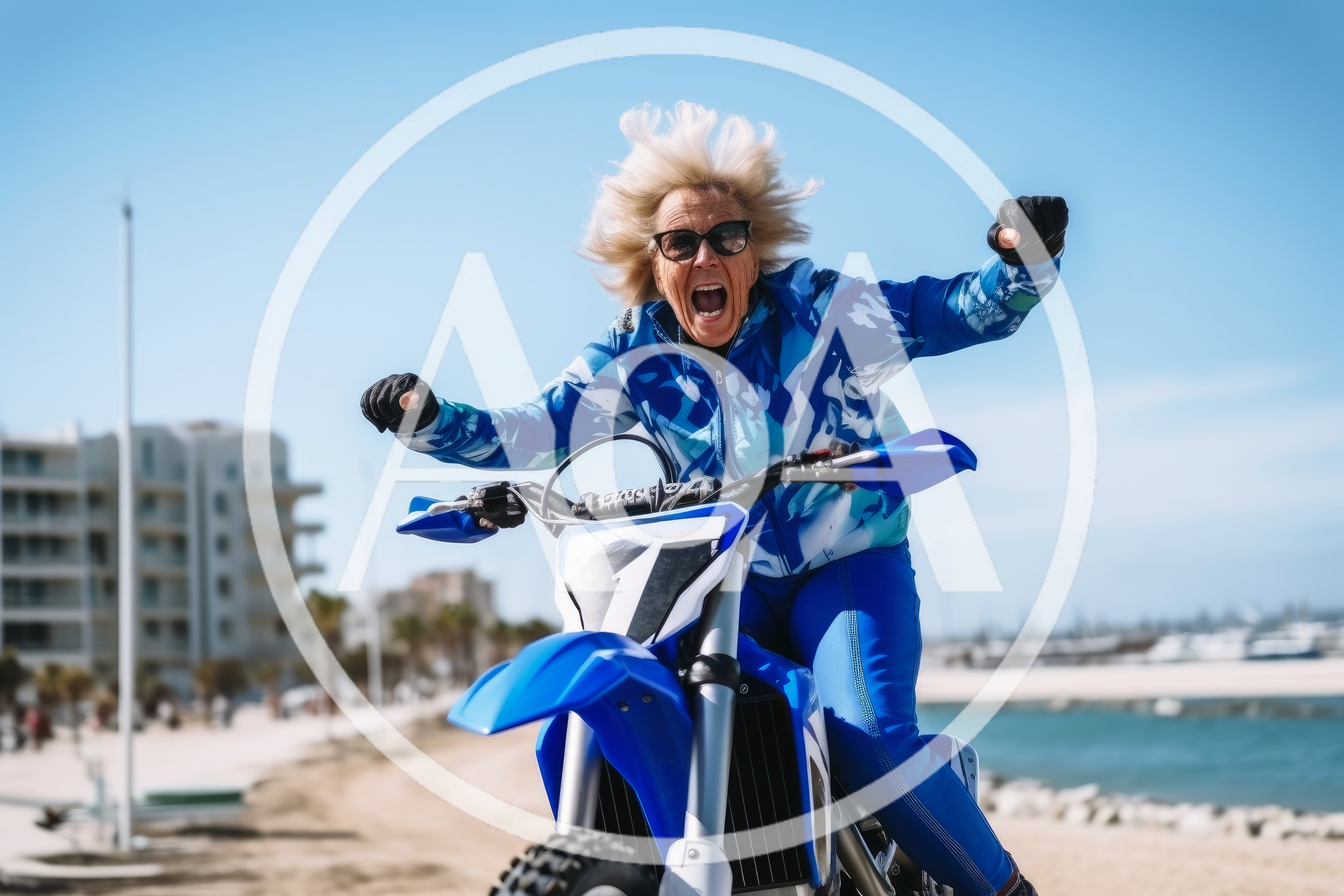 Excited Elderly Woman Riding A Blue Motocross Bike