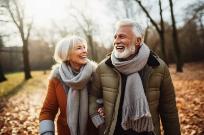 Happy Senior Couple Walking Together in Autumn Park