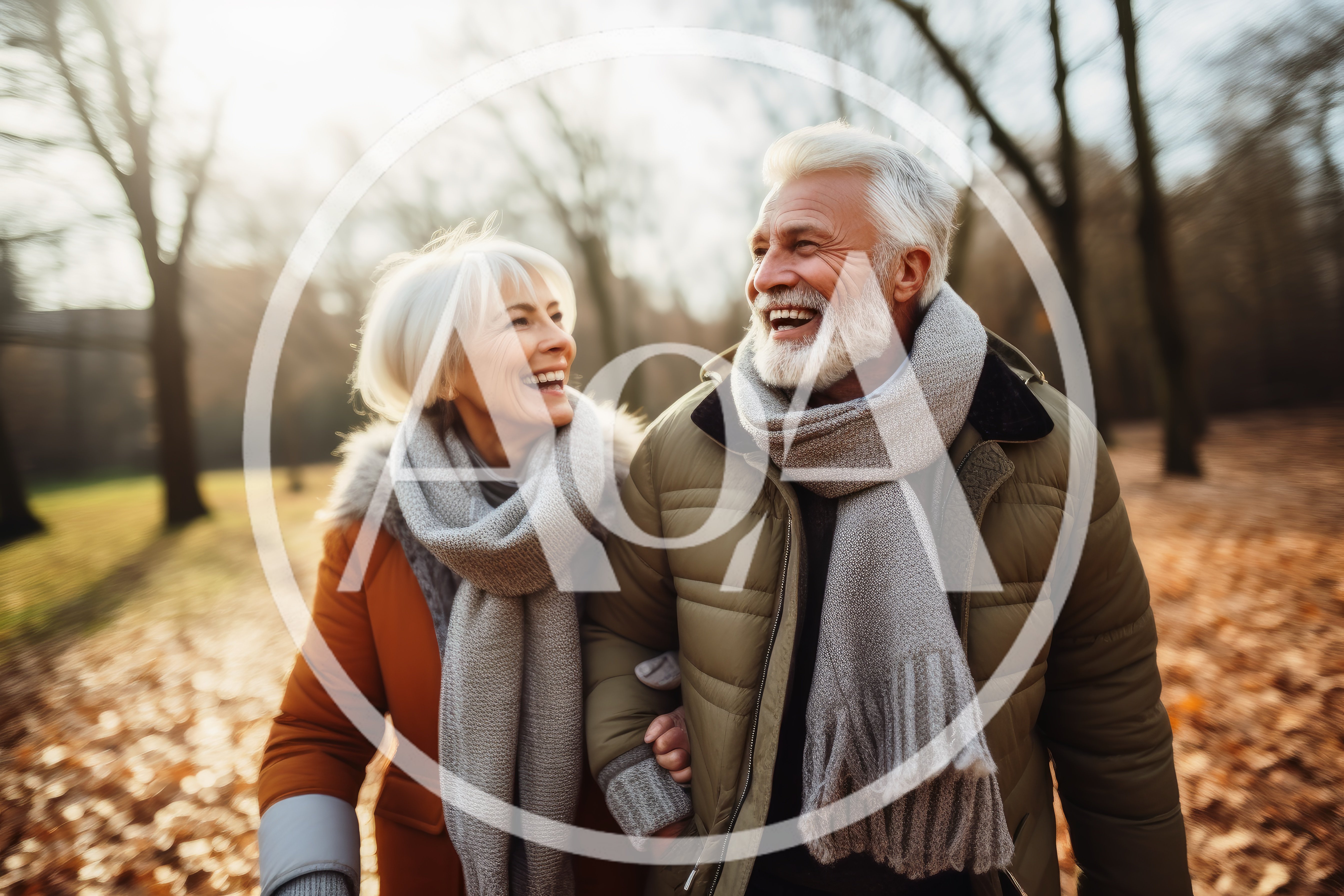Happy Senior Couple Walking Together in Autumn Park