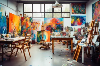 Vibrant Abstract Art Studio With Colorful Paintings