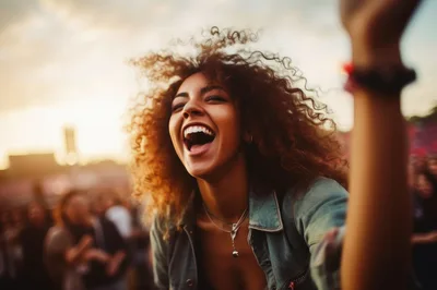 Young Woman Laughing Joyfully at Outdoor Music Festival