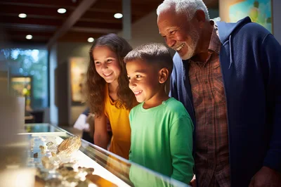 Grandfather and Grandchildren Exploring Museum Mineral Exhibit