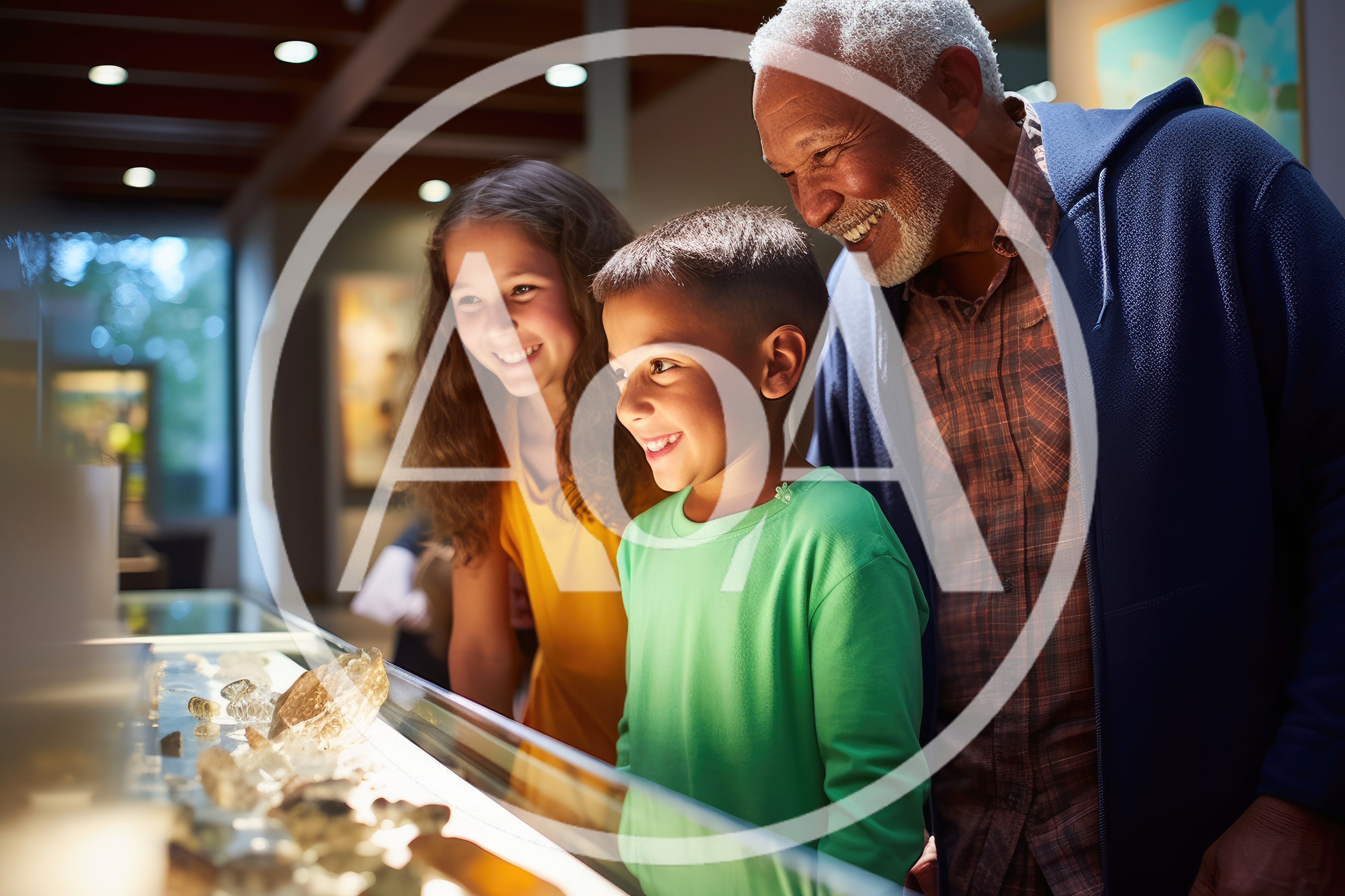 Grandfather and Grandchildren Exploring Museum Mineral Exhibit