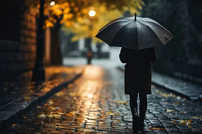 Person Walking With Umbrella On Rainy Cobblestone Street