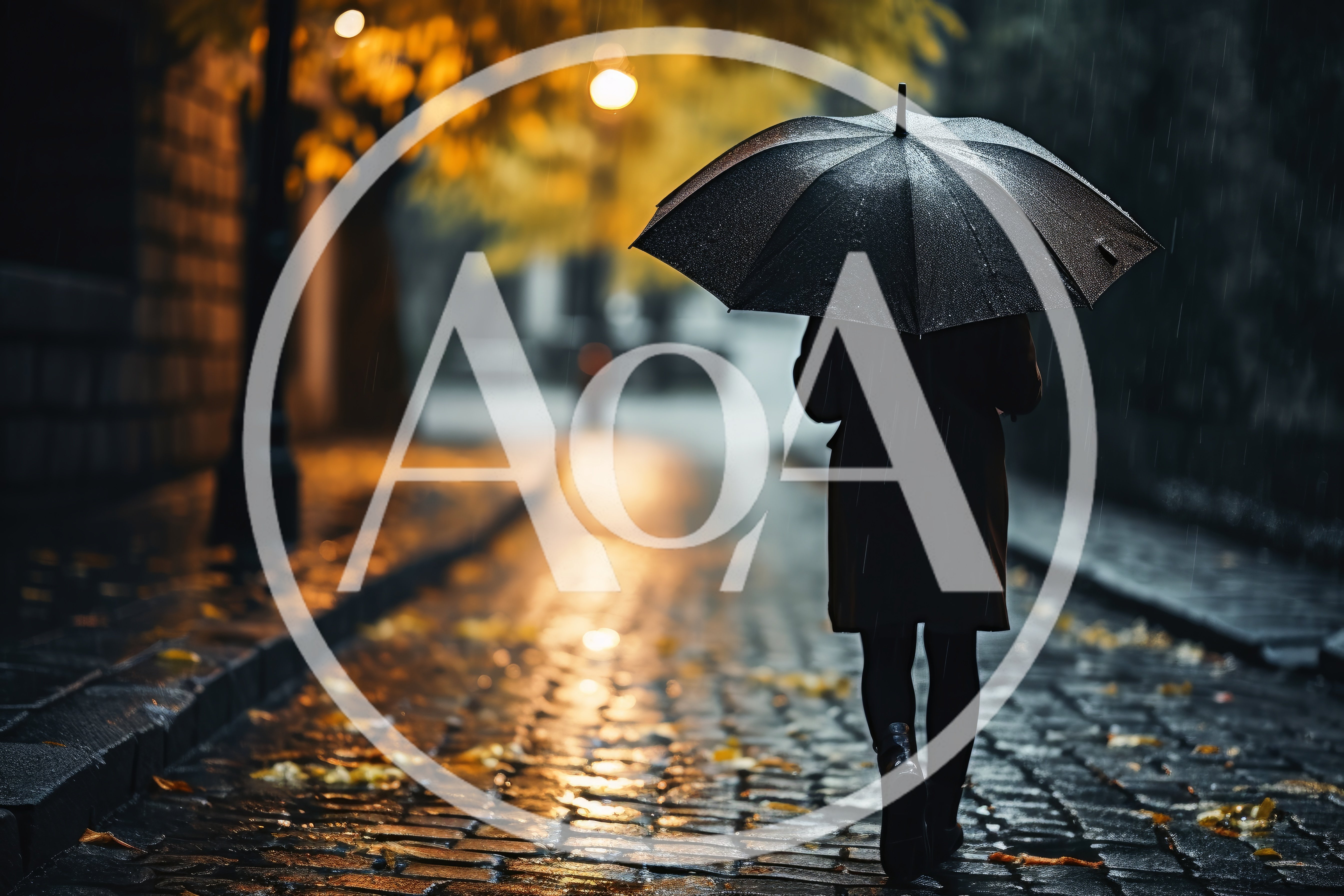 Person Walking With Umbrella On Rainy Cobblestone Street