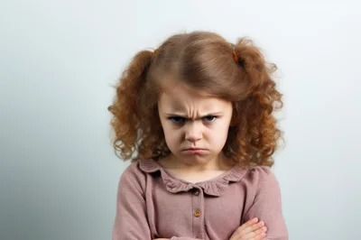 Angry Little Girl With Curly Hair And Pigtails