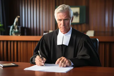Serious Judge Writing Legal Documents In Courtroom