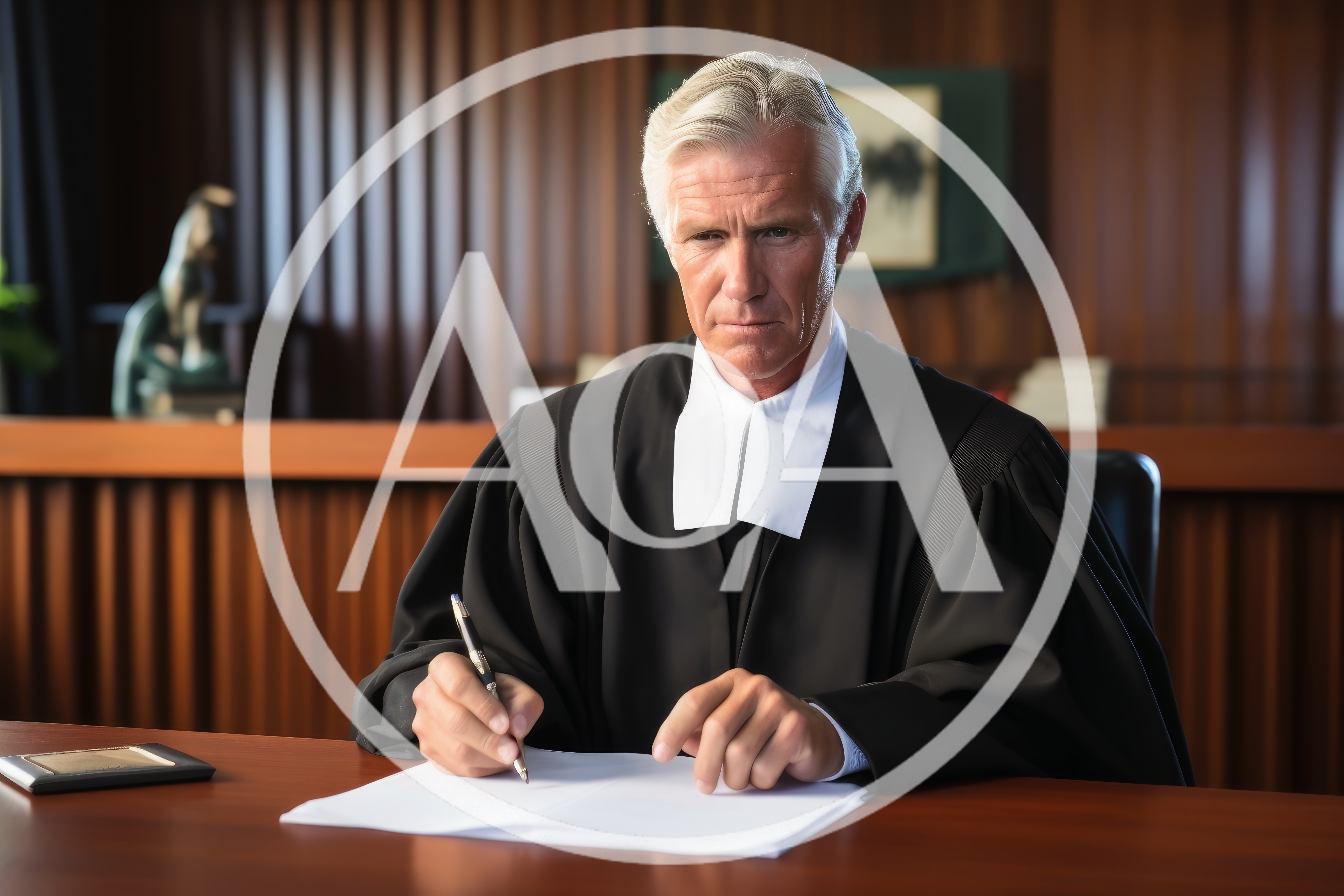 Serious Judge Writing Legal Documents In Courtroom