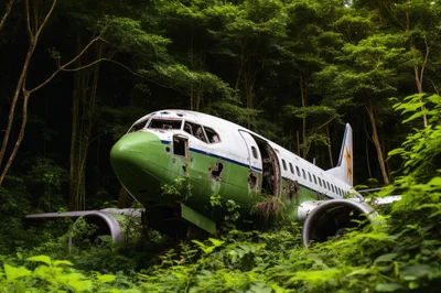 Abandoned Airplane Wreckage In A Lush Tropical Forest