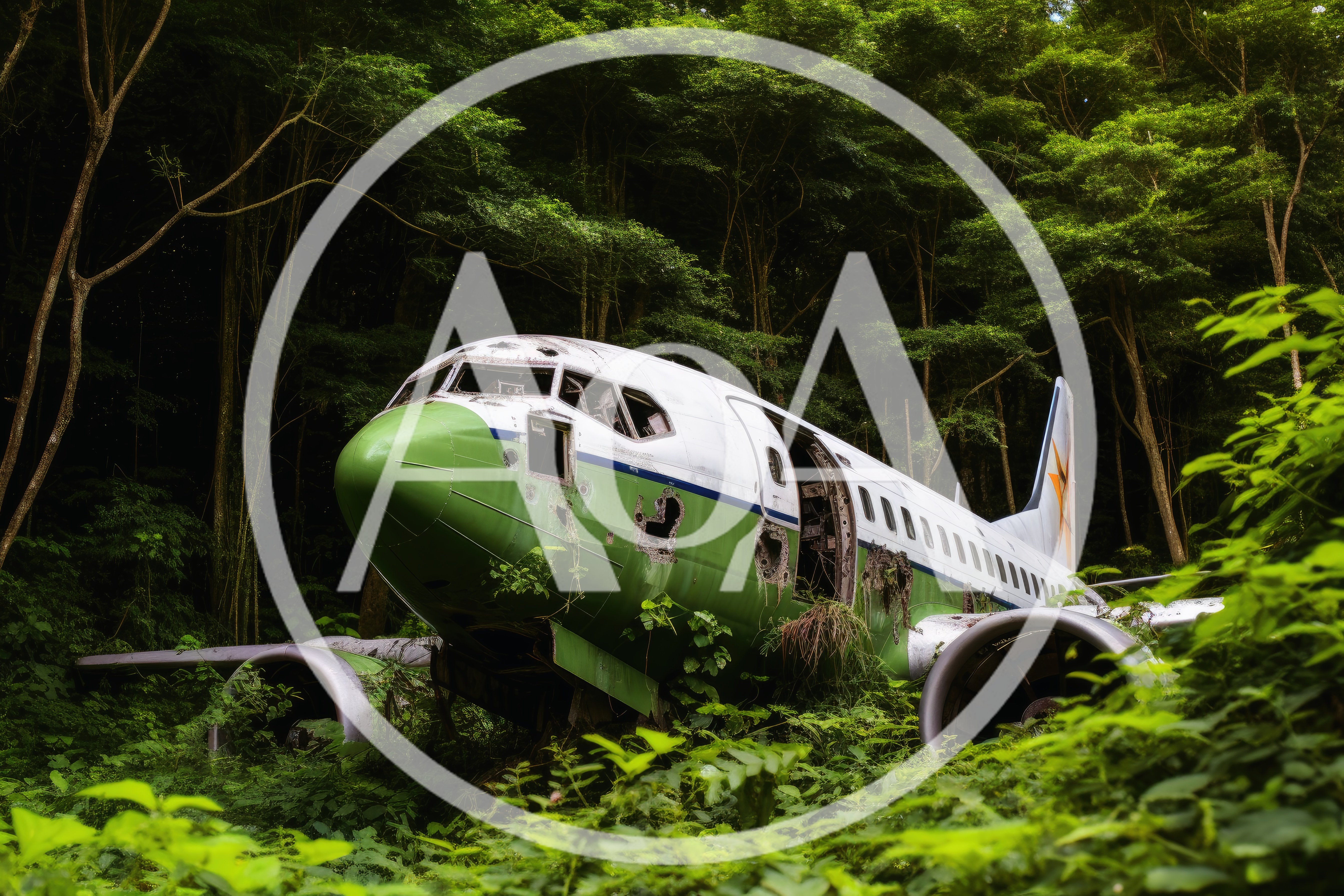 Abandoned Airplane Wreckage In A Lush Tropical Forest