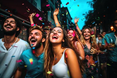 Group of Friends Celebrating at an Outdoor Street Party