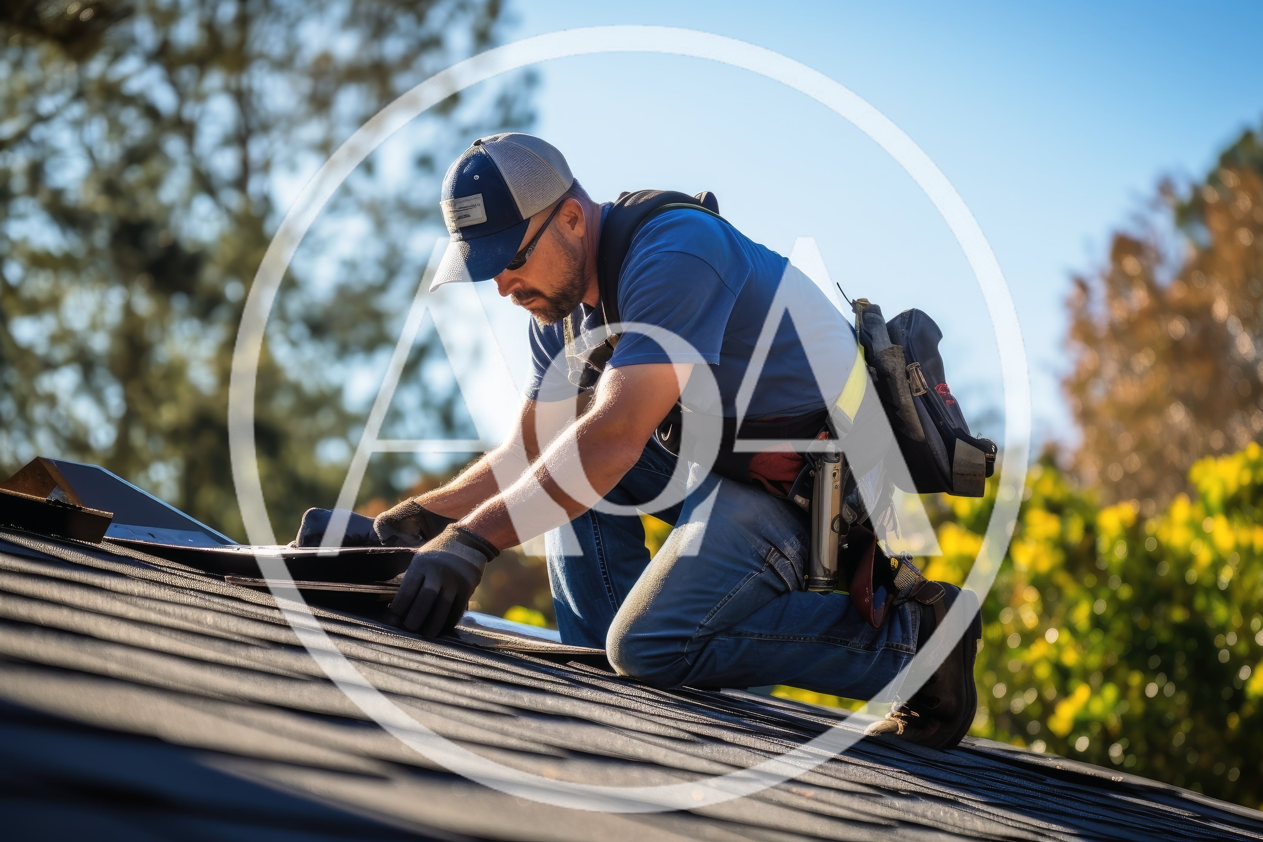 Professional Roofer Installing Asphalt Shingles On Residential Roof